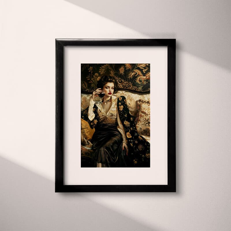 Matted frame view of A vintage oil painting, a fashionable woman on a couch drinking wine