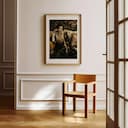 Room view with a matted frame of A vintage oil painting, a fashionable woman on a couch drinking wine