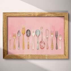 Utensils Art | Kitchen Wall Art | Food & Drink Print | Pink, Black, Brown and Blue Decor | Mid Century Wall Decor | Kitchen & Dining Digital Download | Housewarming Art | Autumn Wall Art | Pastel Pencil Illustration