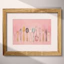 Matted frame view of A mid-century pastel pencil illustration, a row of utensils