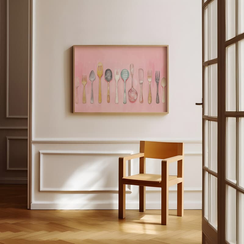 Room view with a full frame of A mid-century pastel pencil illustration, a row of utensils