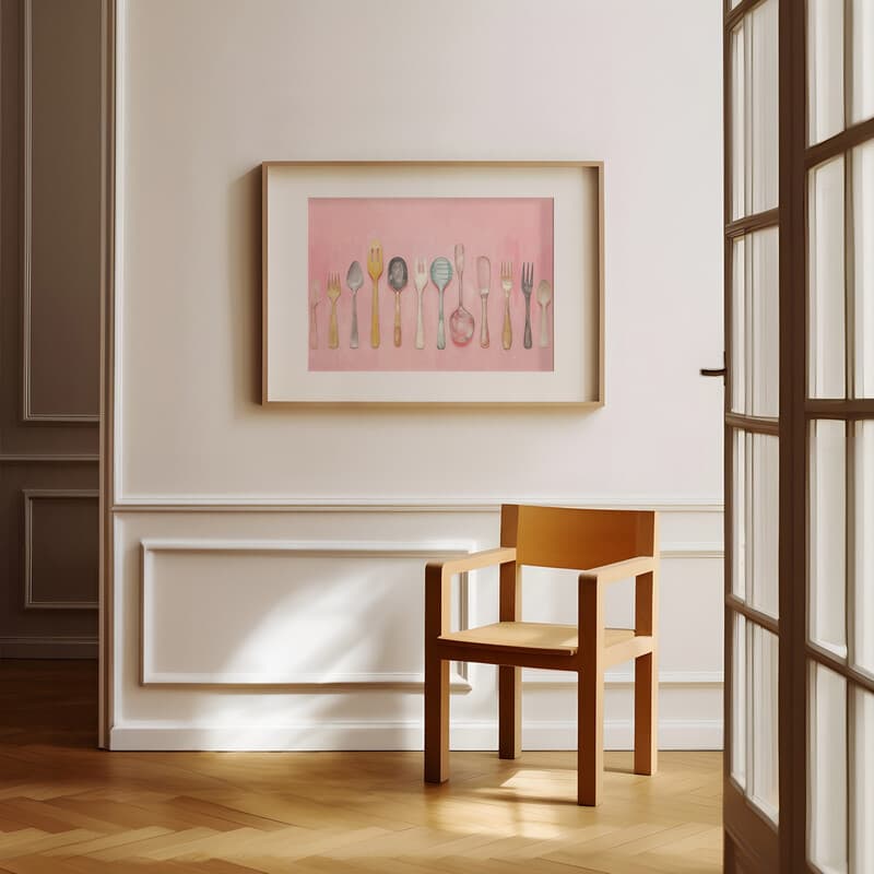 Room view with a matted frame of A mid-century pastel pencil illustration, a row of utensils