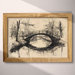 Bridge Art | Urban Landscape Wall Art | Architecture Print | Beige, Black and Gray Decor | Vintage Wall Decor | Living Room Digital Download | Housewarming Art | Autumn Wall Art | Charcoal Sketch