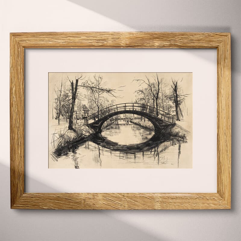 Matted frame view of A vintage charcoal sketch, a bridge over a canal