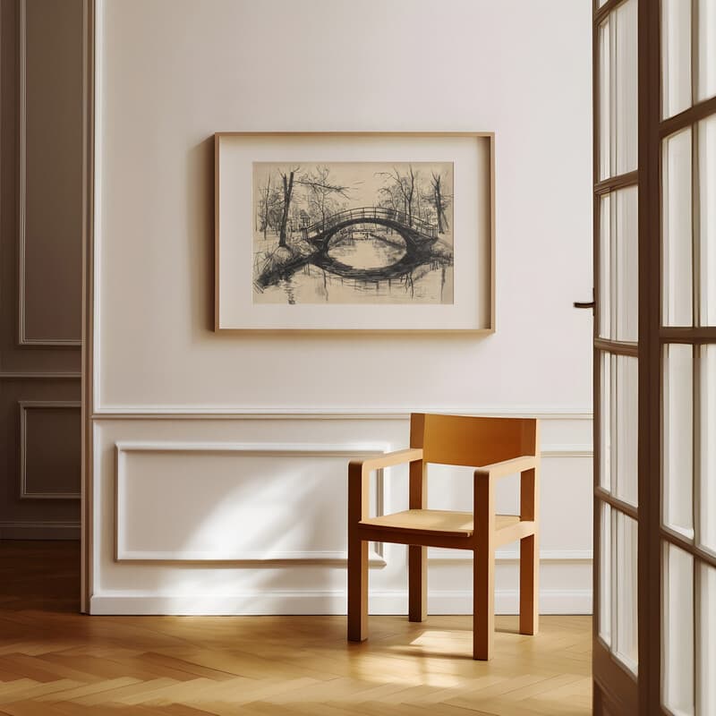 Room view with a matted frame of A vintage charcoal sketch, a bridge over a canal