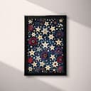 Full frame view of A maximalist textile print, symmetric stars and floral pattern