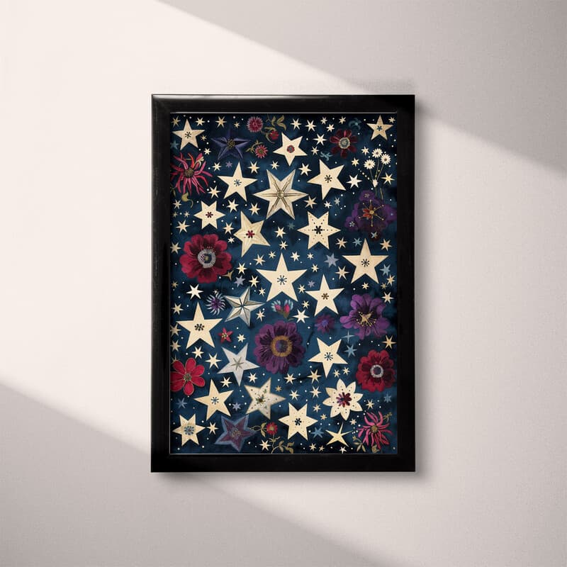 Full frame view of A maximalist textile print, symmetric stars and floral pattern