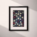 Matted frame view of A maximalist textile print, symmetric stars and floral pattern