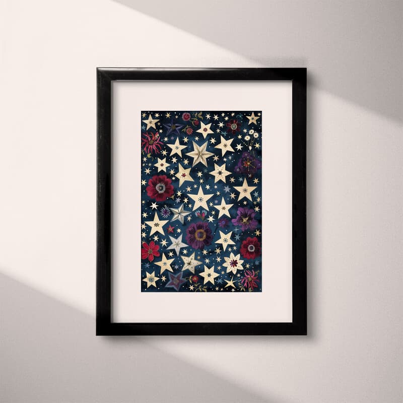 Matted frame view of A maximalist textile print, symmetric stars and floral pattern