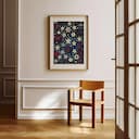 Room view with a matted frame of A maximalist textile print, symmetric stars and floral pattern