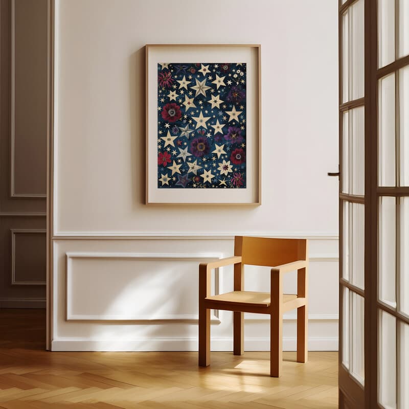 Room view with a matted frame of A maximalist textile print, symmetric stars and floral pattern