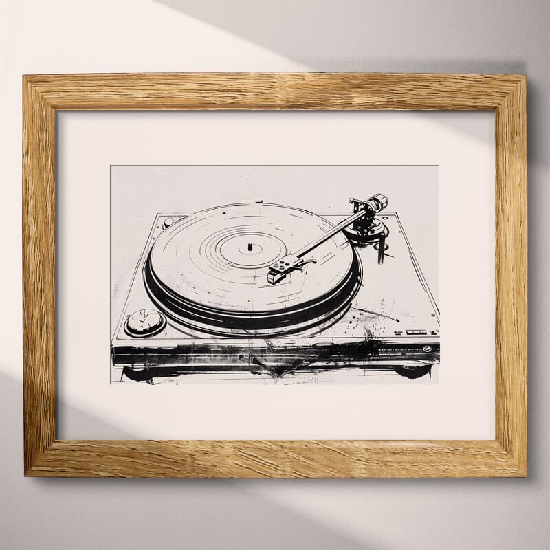 Matted frame view of A vintage ink sketch, a record player