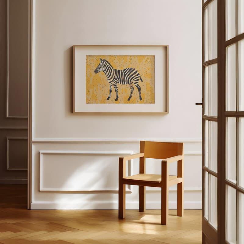 Room view with a matted frame of A cute simple illustration with simple shapes, a zebra