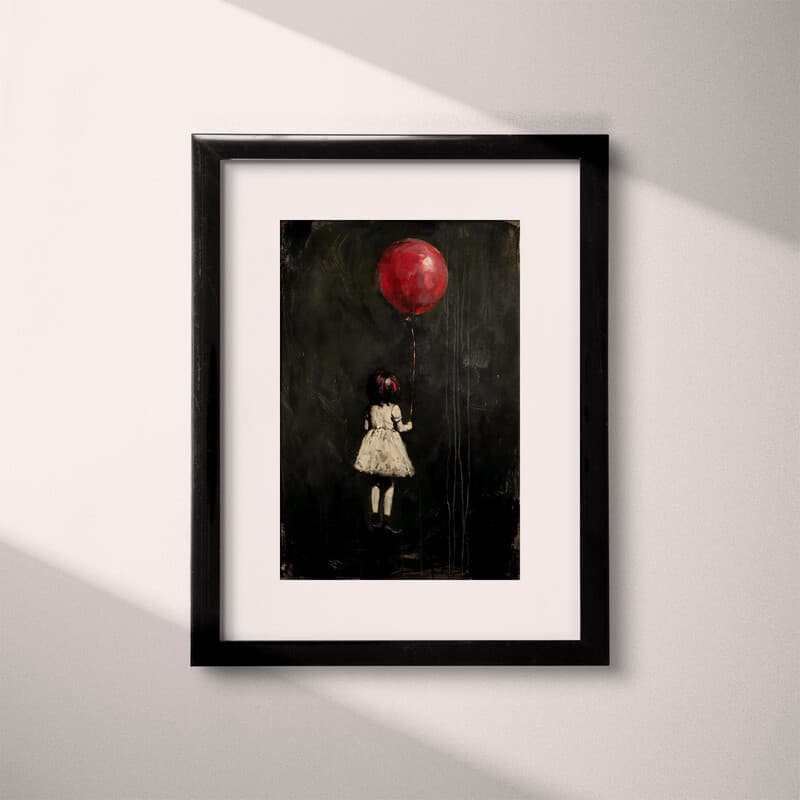 Matted frame view of A vintage oil painting, a girl with a red balloon