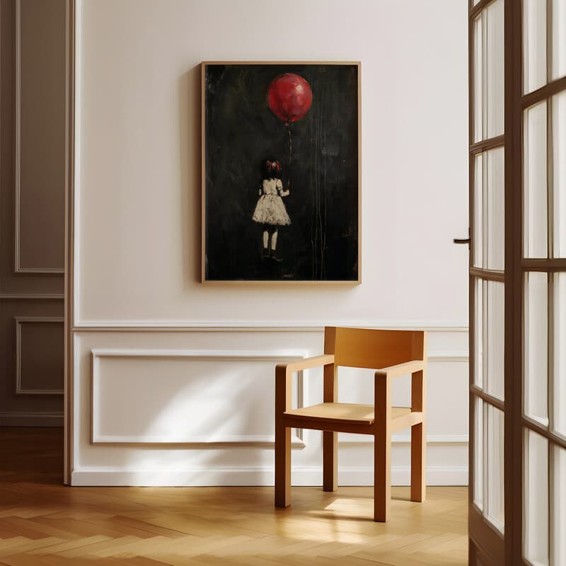 Room view with a full frame of A vintage oil painting, a girl with a red balloon