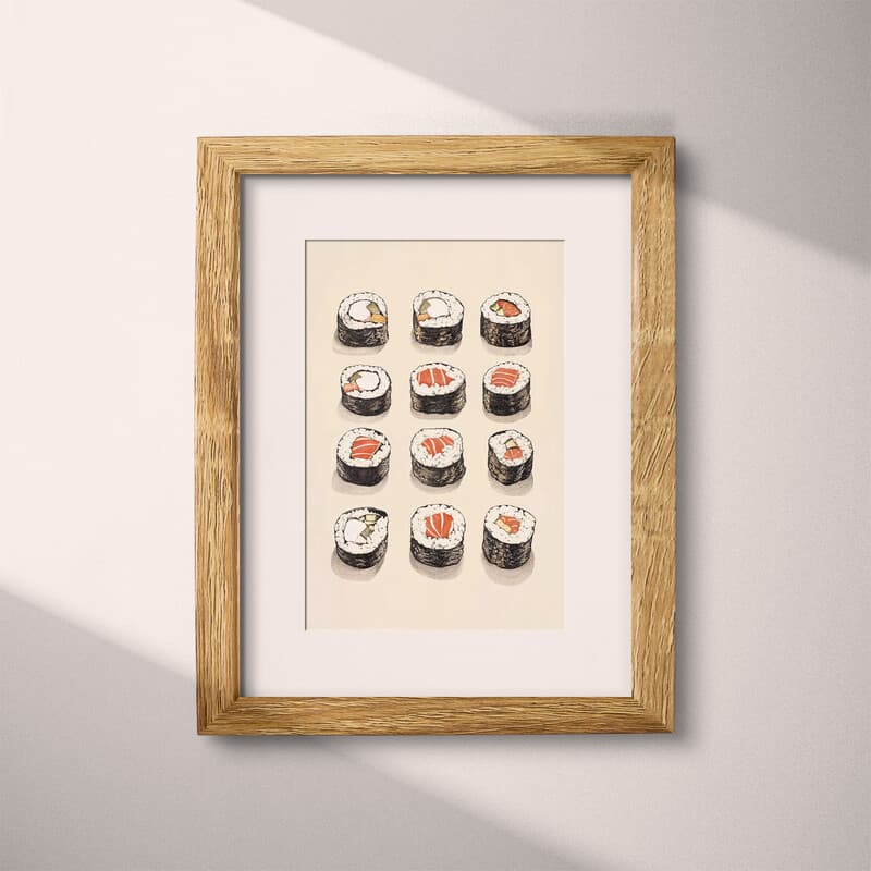 Matted frame view of A wabi sabi pastel pencil illustration, sushi