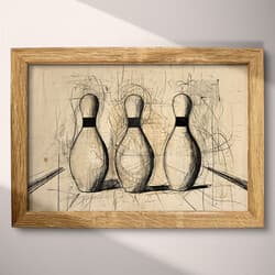 Bowling Pins Art | Sports Wall Art | Sports Print | Beige, Black and Brown Decor | Vintage Wall Decor | Game Room Digital Download | Bachelor Party Art | Graphite Sketch