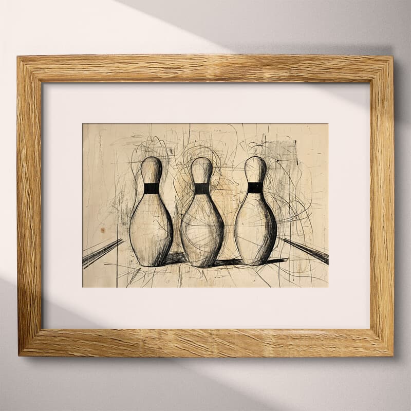 Matted frame view of A vintage graphite sketch, bowling pins