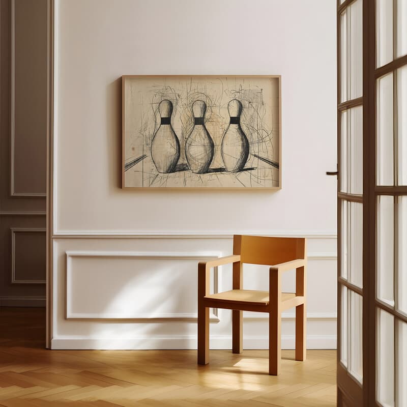 Room view with a full frame of A vintage graphite sketch, bowling pins