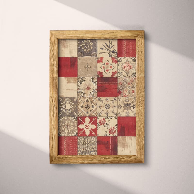 Full frame view of A rustic textile print, symmetric patchwork pattern