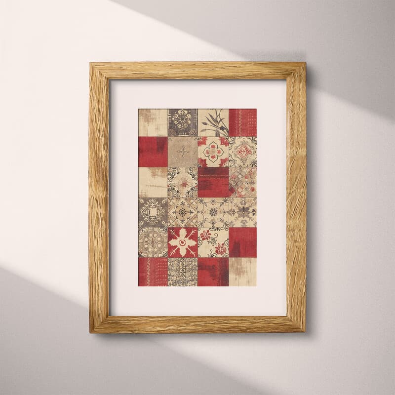 Matted frame view of A rustic textile print, symmetric patchwork pattern