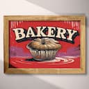 Full frame view of A vintage linocut print, the word "BAKERY" with a muffin