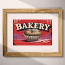 Matted frame view of A vintage linocut print, the word "BAKERY" with a muffin