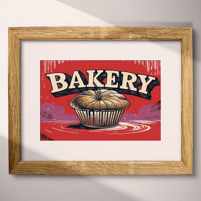 Matted frame view of A vintage linocut print, the word "BAKERY" with a muffin