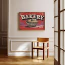 Room view with a full frame of A vintage linocut print, the word "BAKERY" with a muffin