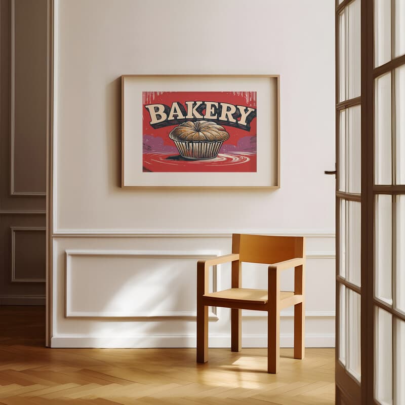 Room view with a matted frame of A vintage linocut print, the word "BAKERY" with a muffin