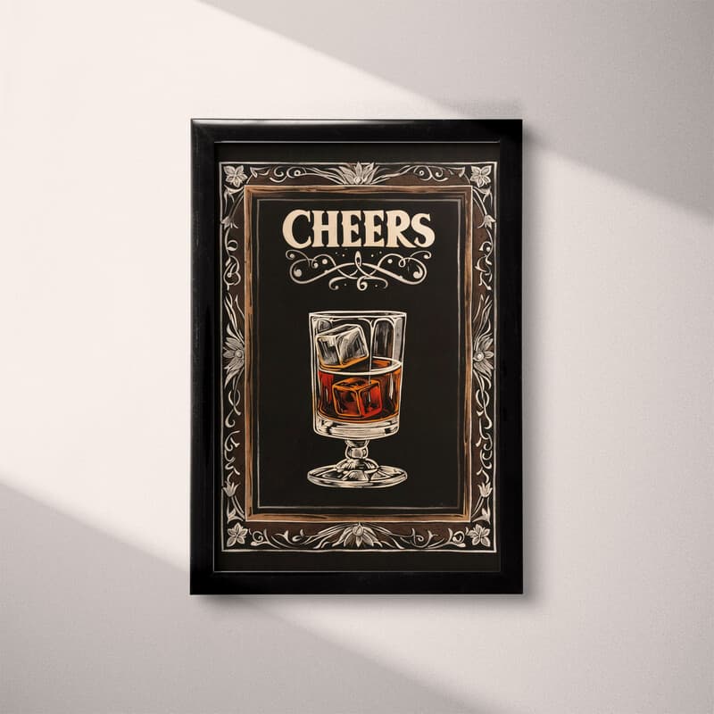 Full frame view of A vintage linocut print, the word "CHEERS" with a glass of whiskey