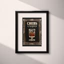 Matted frame view of A vintage linocut print, the word "CHEERS" with a glass of whiskey