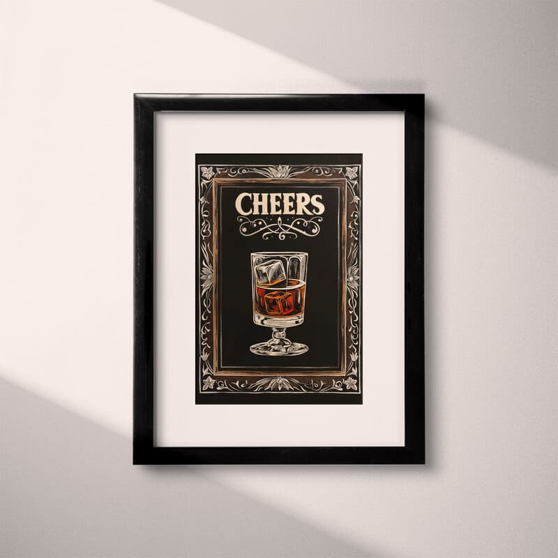 Matted frame view of A vintage linocut print, the word "CHEERS" with a glass of whiskey