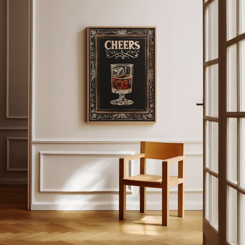 Room view with a full frame of A vintage linocut print, the word "CHEERS" with a glass of whiskey