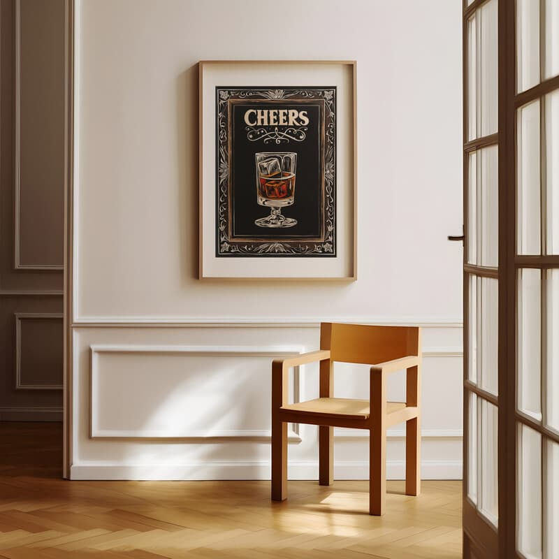 Room view with a matted frame of A vintage linocut print, the word "CHEERS" with a glass of whiskey