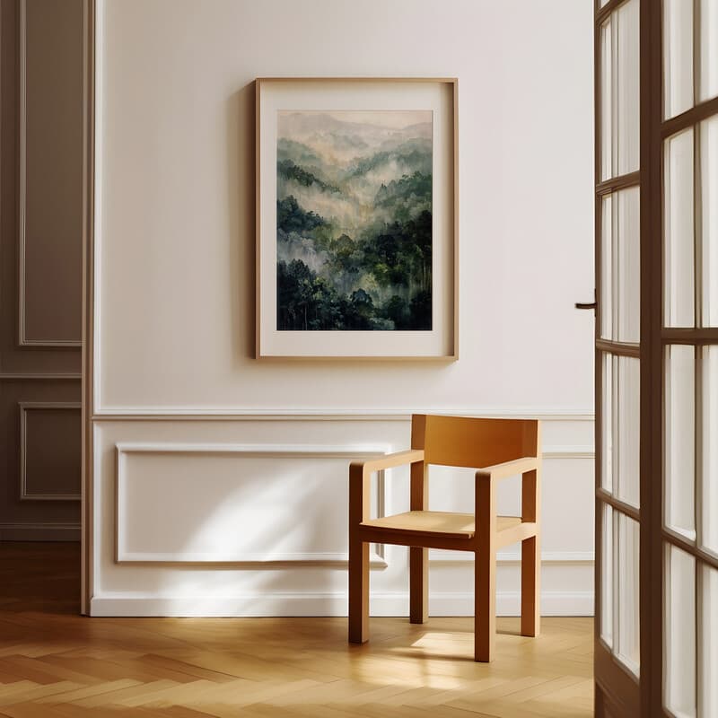 Room view with a matted frame of An impressionist oil painting, aerial view of a rain forest