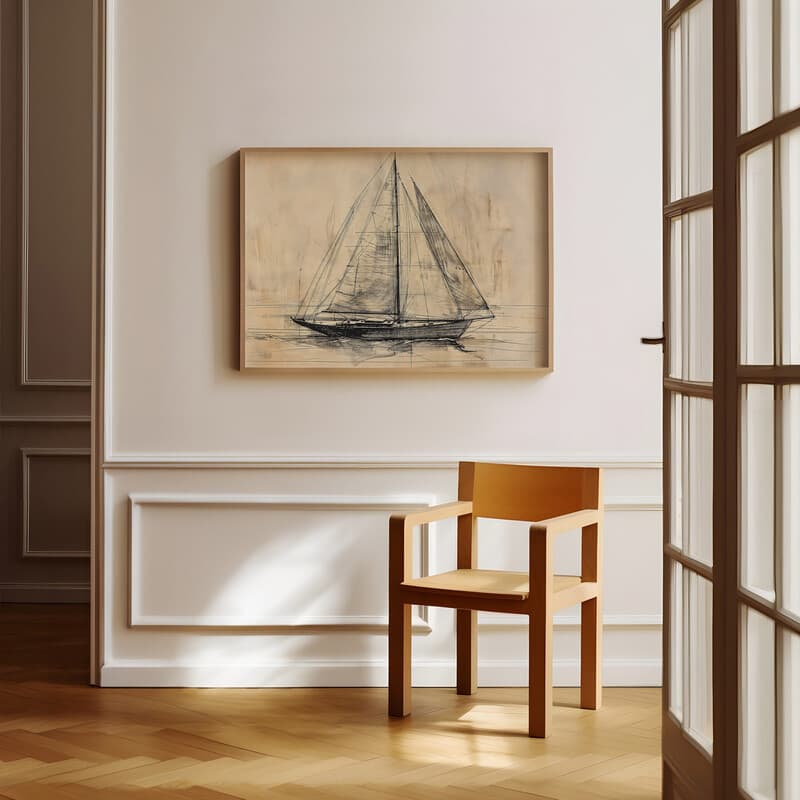 Room view with a full frame of A vintage graphite sketch, a sailboat