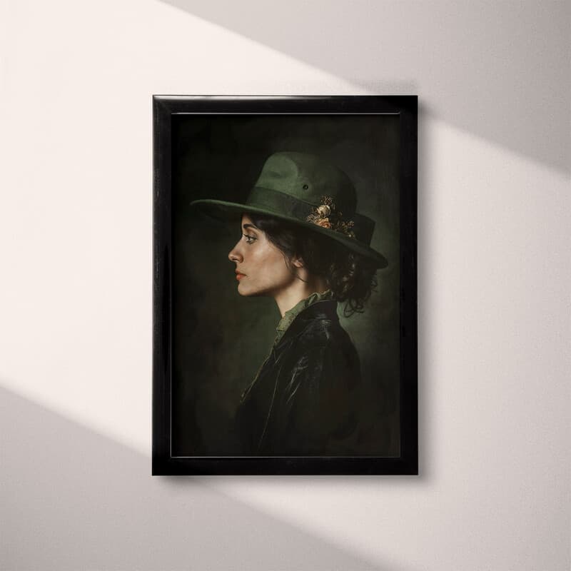 Full frame view of A victorian oil painting, candid of a woman in a green hat, side view