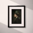 Matted frame view of A victorian oil painting, candid of a woman in a green hat, side view