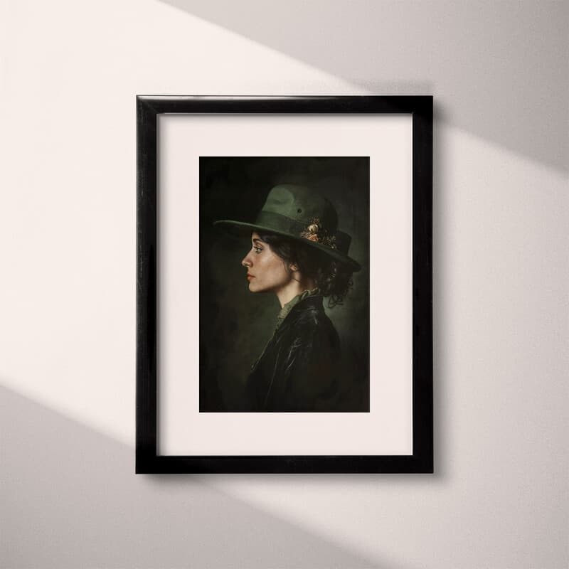 Matted frame view of A victorian oil painting, candid of a woman in a green hat, side view