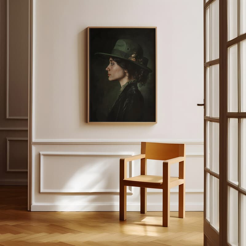 Room view with a full frame of A victorian oil painting, candid of a woman in a green hat, side view