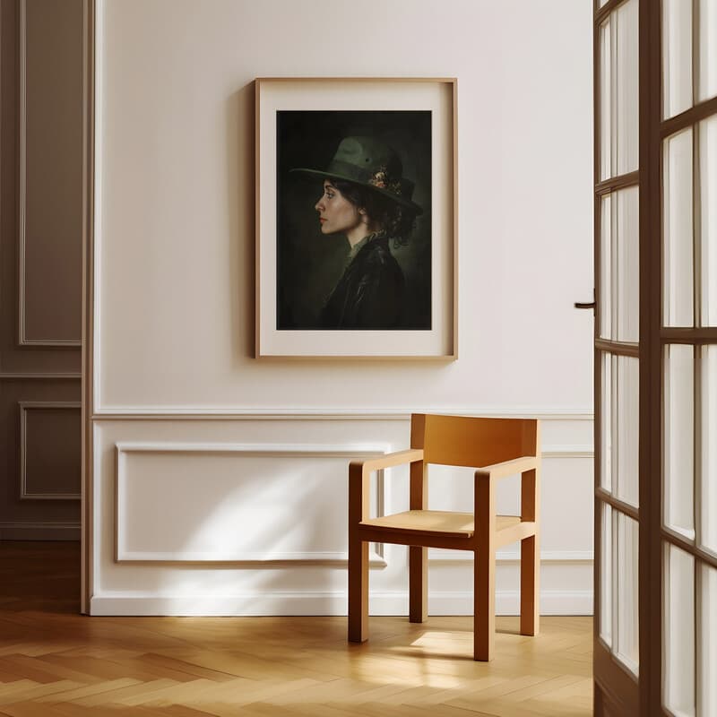 Room view with a matted frame of A victorian oil painting, candid of a woman in a green hat, side view