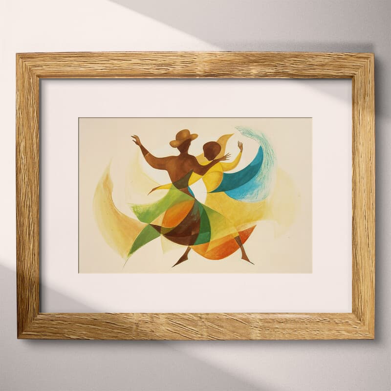 Matted frame view of An abstract chicano art pastel pencil illustration, man and woman dancing