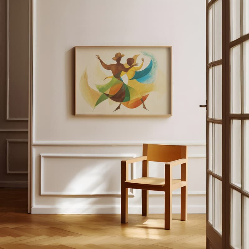 Room view with a full frame of An abstract chicano art pastel pencil illustration, man and woman dancing