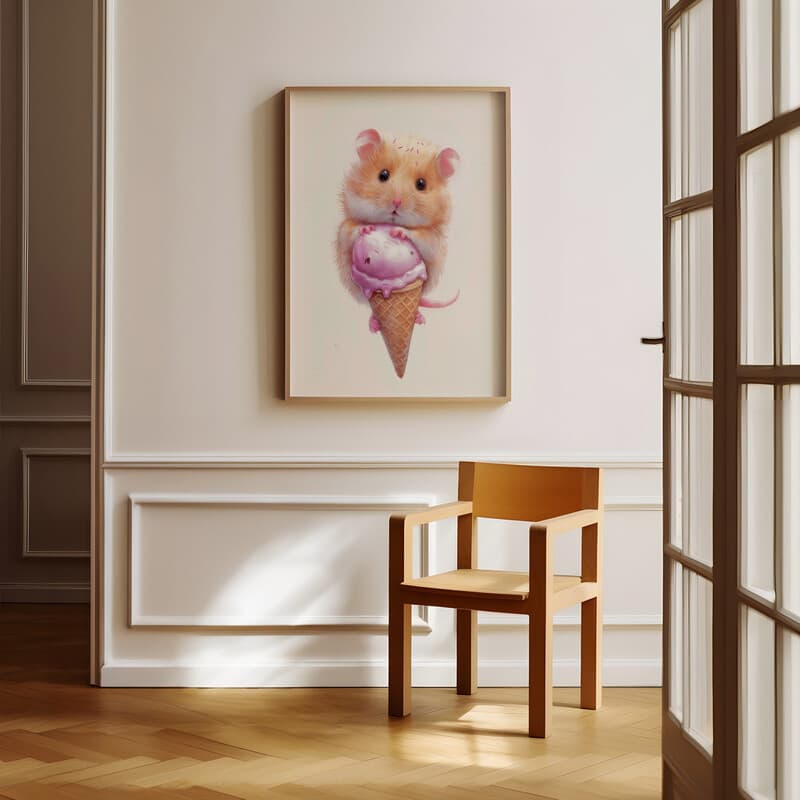 Room view with a full frame of A cute chibi anime pastel pencil illustration, hamster in an ice cream cone