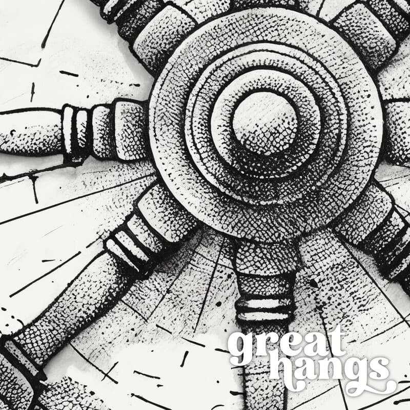 Closeup view of A vintage pencil sketch, a ship wheel