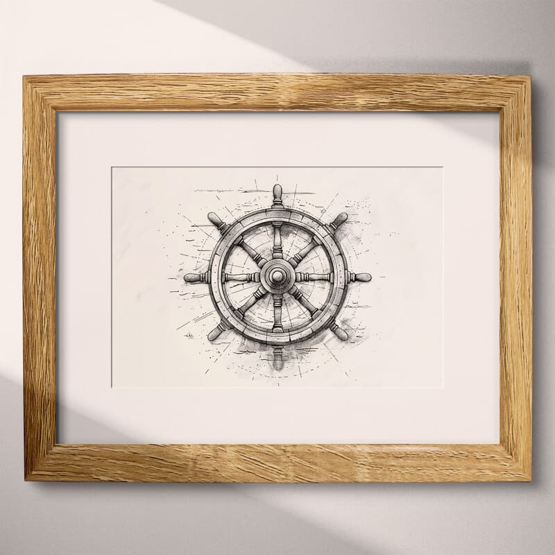 Matted frame view of A vintage pencil sketch, a ship wheel