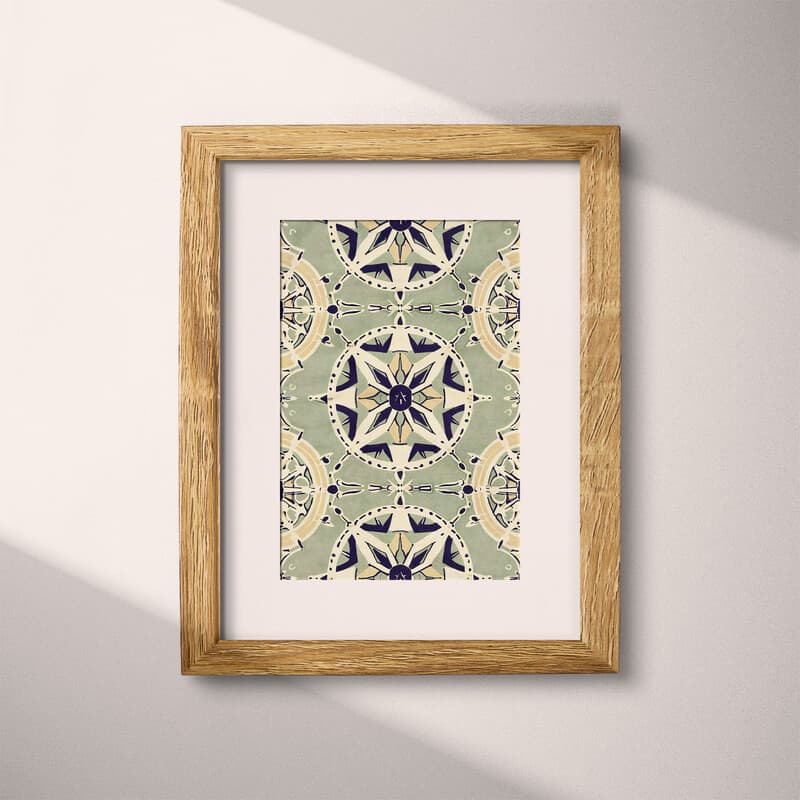 Matted frame view of A vintage textile print, symmetric nautical pattern