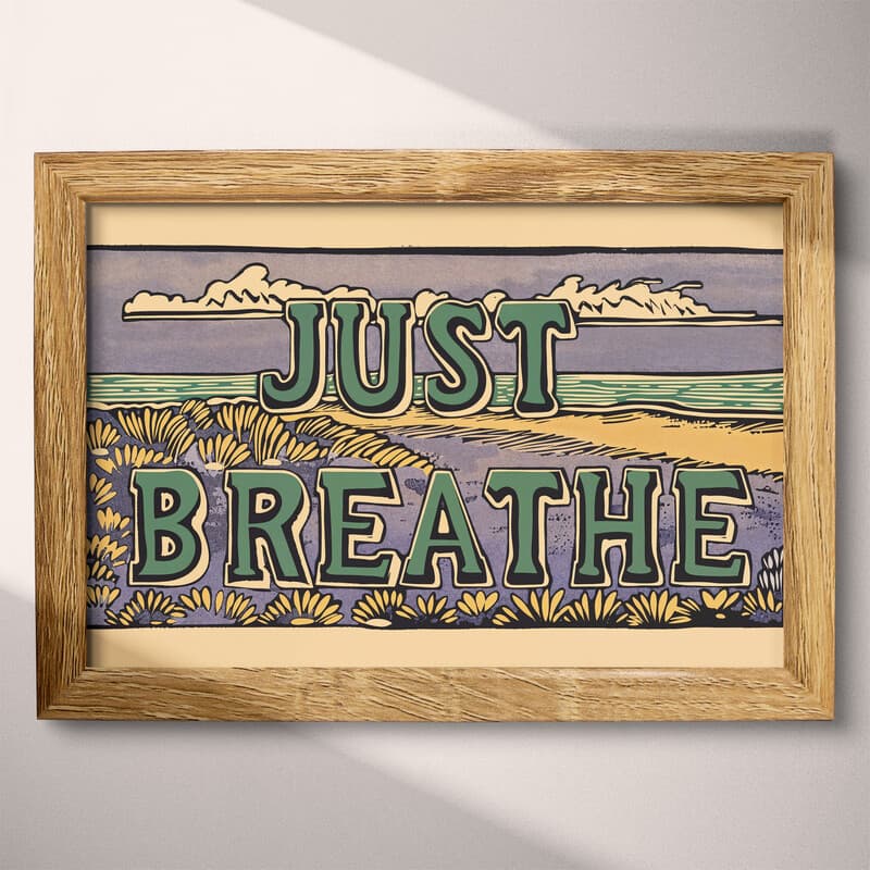 Full frame view of A vintage linocut print, the words "JUST BREATHE" with a seashore