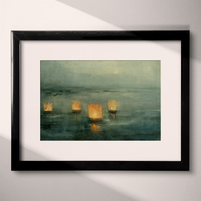 Matted frame view of An impressionist oil painting, lanterns in an ocean